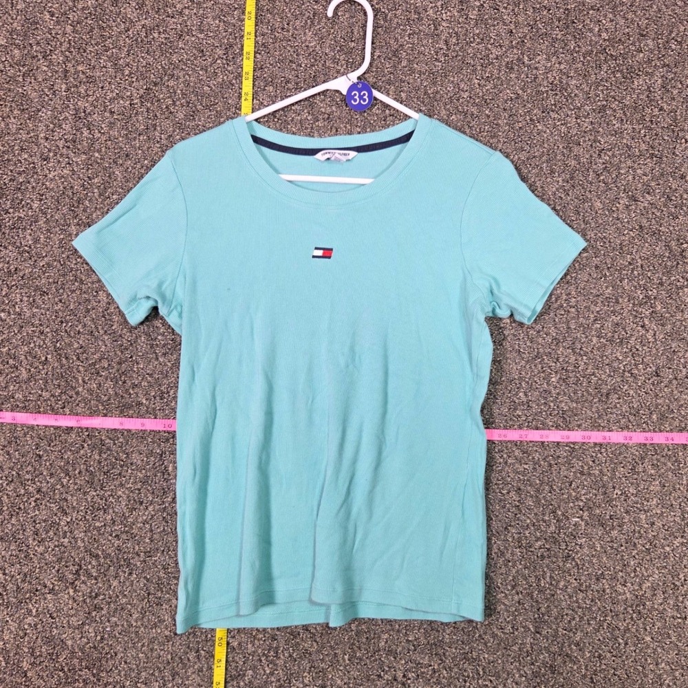 Tommy Hilfiger T-Shirt Womens Large Aqua Blue Ribbed Short Sleeve Sport Top